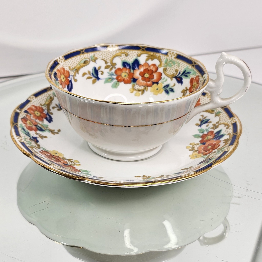 Vintage Royal Albert Crown China England Teacup & Saucer Floral Blue Gold